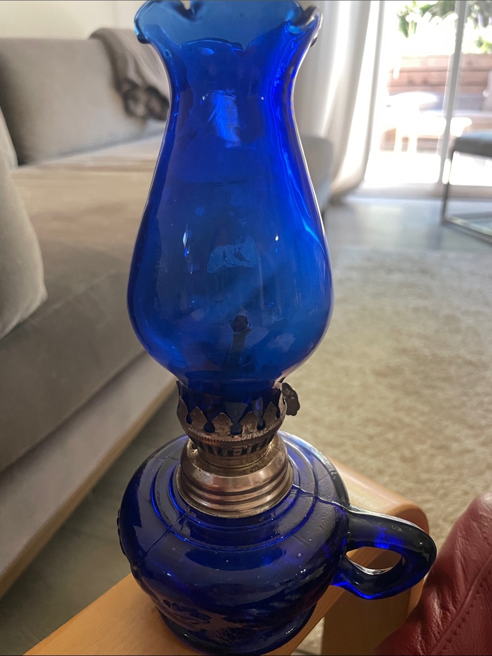 Source Unknown Cobalt Blue Glass oil lamp. Functioning miniature cute!